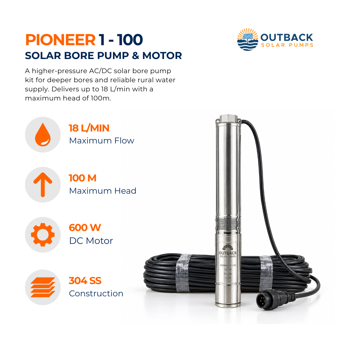 Outback Solar Pumps Pioneer 1-100 3-inch 600W submersible solar bore pump complete kit components