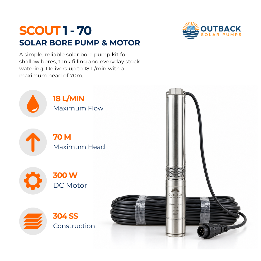 Outback Scout 1-70 DC 3-inch 300W submersible solar bore pump complete kit by Outback Solar Pumps