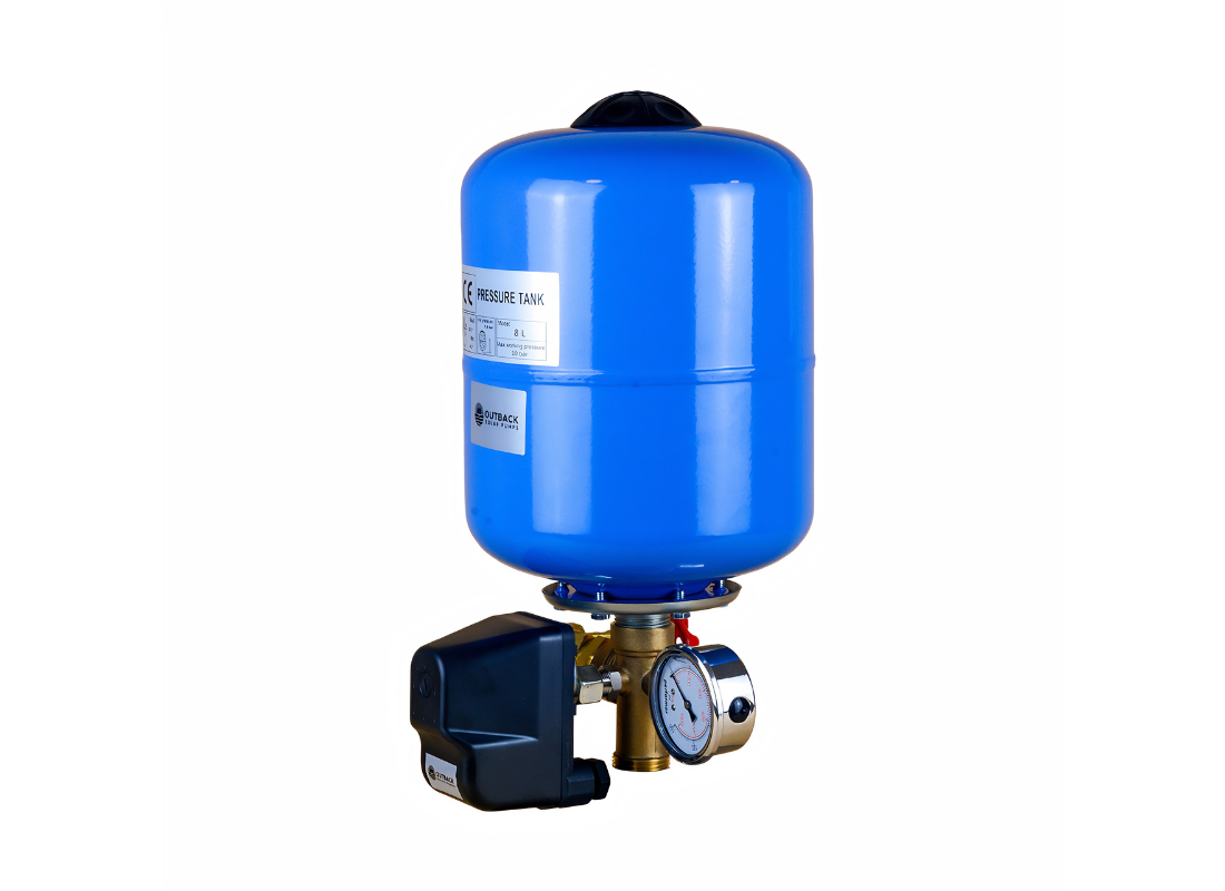 Outback Solar Pumps AutoMate Solar 25mm constant pressure headworks kit installed with hoses and connections for solar irrigation systems.