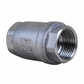 Close-up of Outback Solar Pumps CV0025 25mm stainless steel spring check valve showing side view and internal spring mechanism.