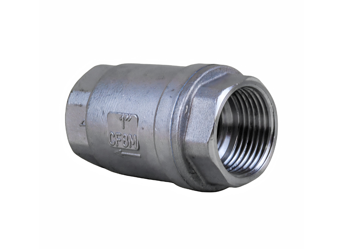 Close-up of Outback Solar Pumps CV0025 25mm stainless steel spring check valve showing side view and internal spring mechanism.