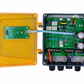 Outback Solar Pumps Outback C0300W 20-55V DC solar pump controller inside IP65 enclosure, showing internal components and wiring.
