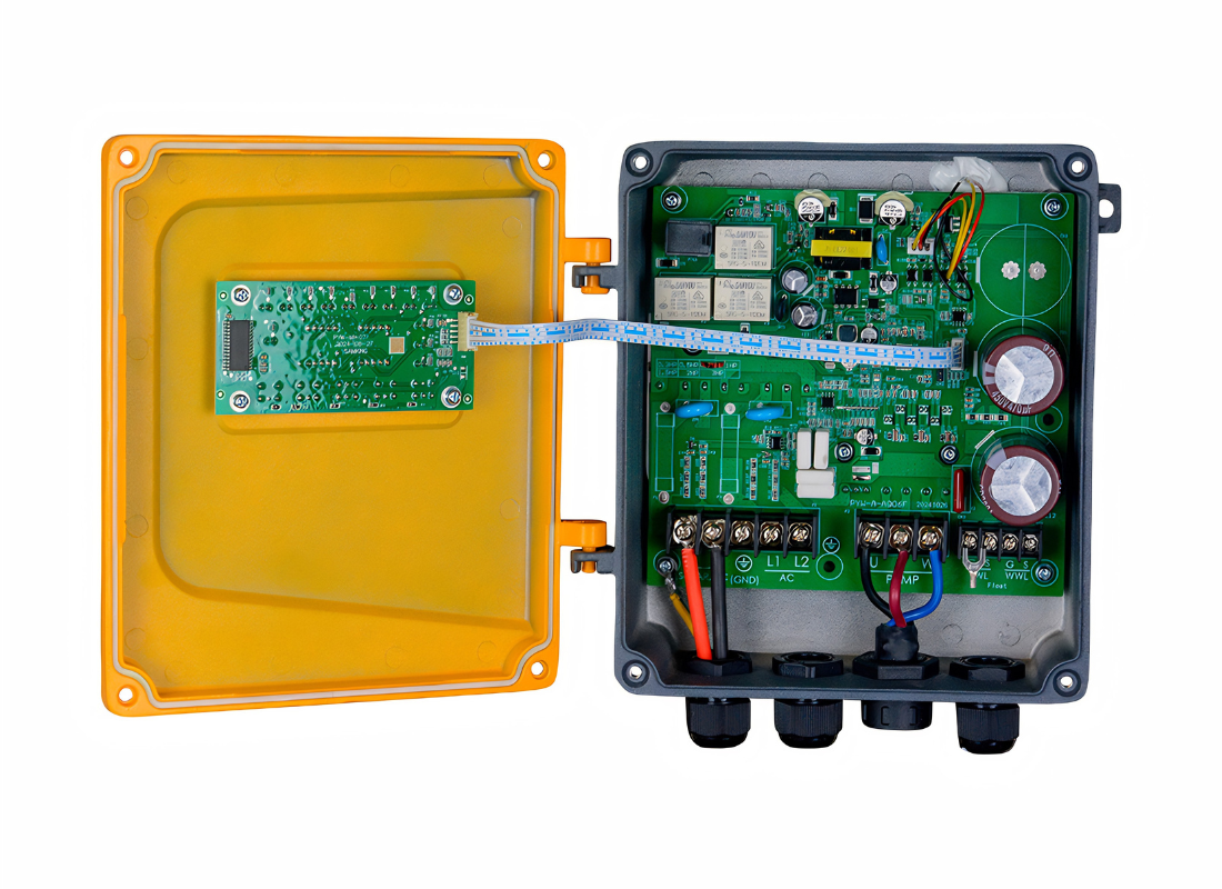 Outback Solar Pumps Outback C0300W 20-55V DC solar pump controller inside IP65 enclosure, showing internal components and wiring.
