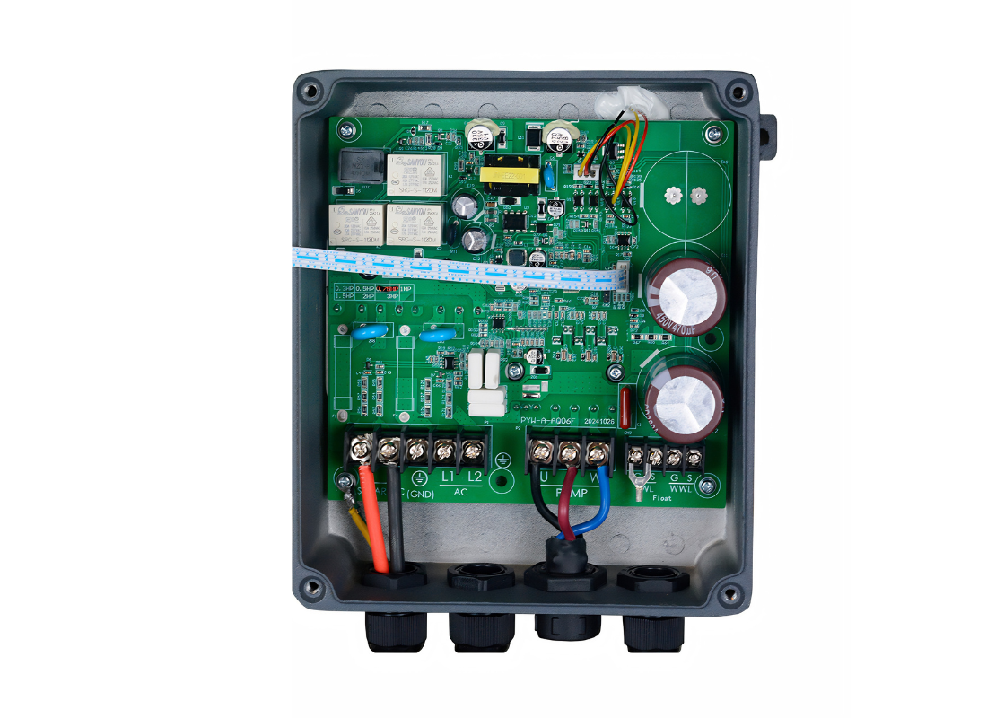 Internal view of Outback Solar Pumps C0300W DC Solar Pump Controller in IP65 enclosure, showcasing circuit board and connection ports.