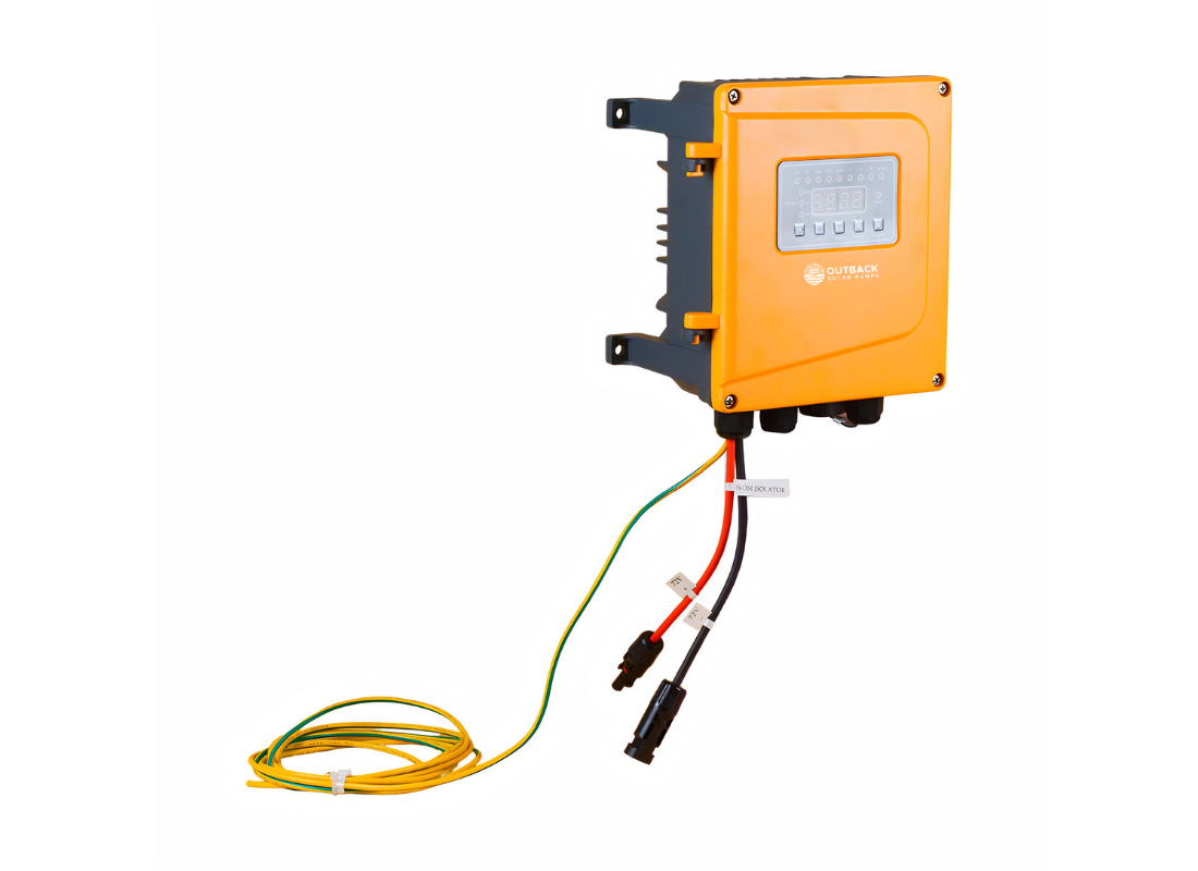 Outback Solar Pumps C0300W DC solar pump controller with earthing cable in IP65 enclosure, side view highlighting connections.