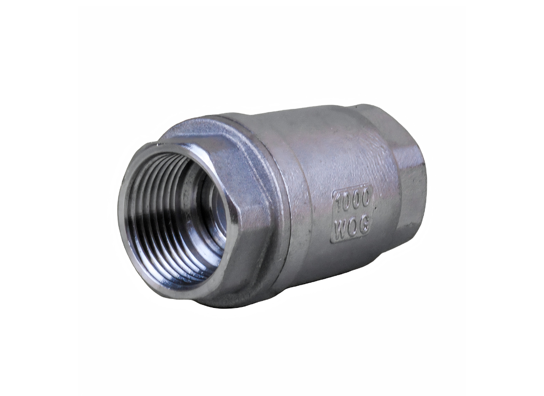 Outback CV0025 25mm stainless steel spring check valve, non-return valve for solar pump systems, shown in a close-up image.