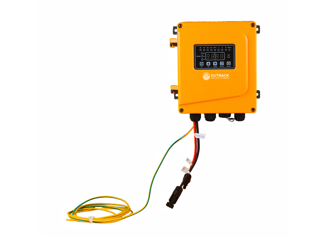 Outback Solar Pumps C0300W 20-55V DC solar pump controller with earthing cable in IP65 enclosure for reliable solar system control.