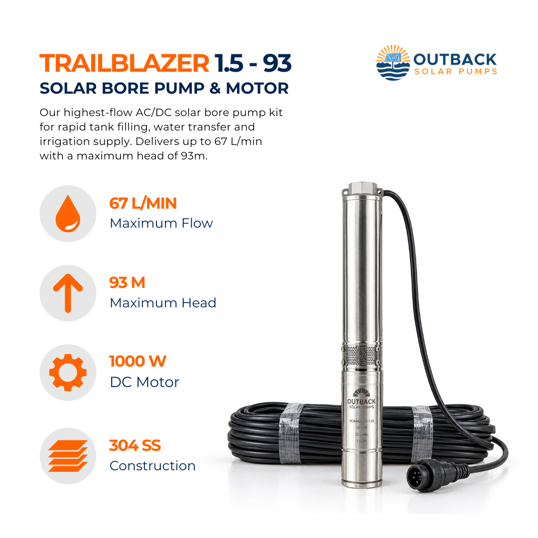 Outback Solar Pumps Trailblazer 1.5-93 3-inch 1000W submersible solar bore pump complete kit